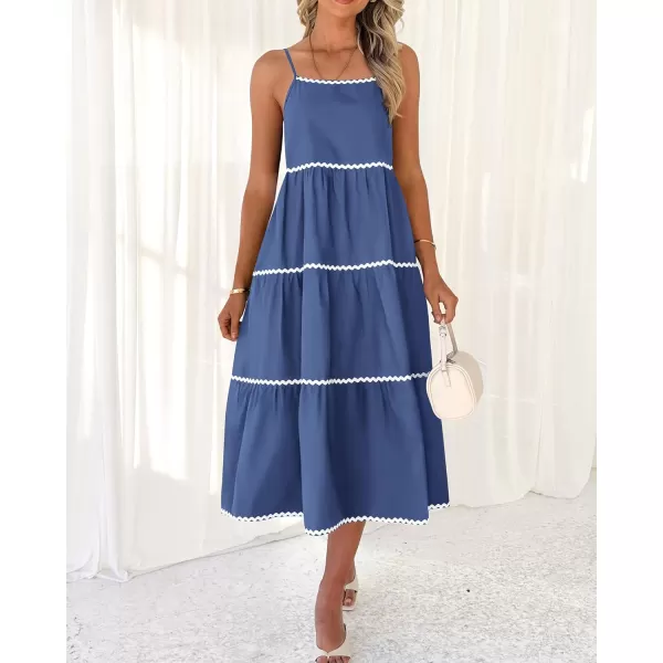 imageBTFBM Boho Summer Dresses 2024 Vacation Spaghetti Strap Backless RIC Rac Trim Tiered ALine Long Casual Swing SundressSolid Dark Blue