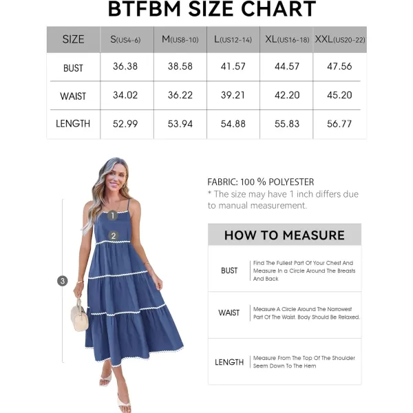 imageBTFBM Boho Summer Dresses 2024 Vacation Spaghetti Strap Backless RIC Rac Trim Tiered ALine Long Casual Swing SundressSolid Dark Blue