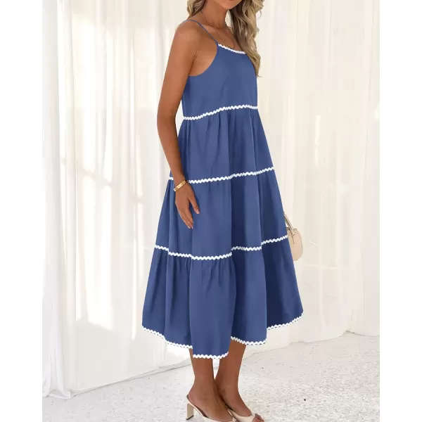imageBTFBM Boho Summer Dresses 2024 Vacation Spaghetti Strap Backless RIC Rac Trim Tiered ALine Long Casual Swing SundressSolid Dark Blue