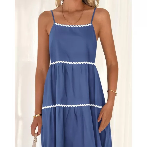 imageBTFBM Boho Summer Dresses 2024 Vacation Spaghetti Strap Backless RIC Rac Trim Tiered ALine Long Casual Swing SundressSolid Dark Blue