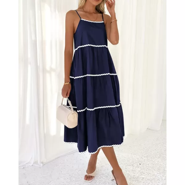imageBTFBM Boho Summer Dresses 2024 Vacation Spaghetti Strap Backless RIC Rac Trim Tiered ALine Long Casual Swing SundressSolid Navy