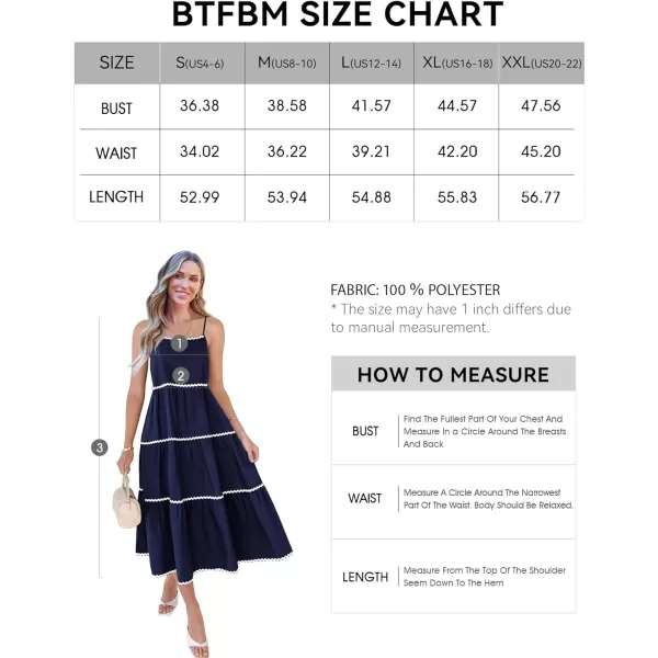 imageBTFBM Boho Summer Dresses 2024 Vacation Spaghetti Strap Backless RIC Rac Trim Tiered ALine Long Casual Swing SundressSolid Navy