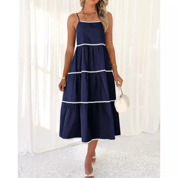 imageBTFBM Boho Summer Dresses 2024 Vacation Spaghetti Strap Backless RIC Rac Trim Tiered ALine Long Casual Swing SundressSolid Navy