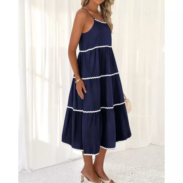 imageBTFBM Boho Summer Dresses 2024 Vacation Spaghetti Strap Backless RIC Rac Trim Tiered ALine Long Casual Swing SundressSolid Navy