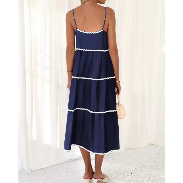 imageBTFBM Boho Summer Dresses 2024 Vacation Spaghetti Strap Backless RIC Rac Trim Tiered ALine Long Casual Swing SundressSolid Navy