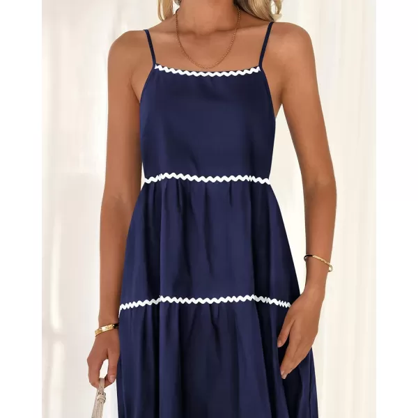 imageBTFBM Boho Summer Dresses 2024 Vacation Spaghetti Strap Backless RIC Rac Trim Tiered ALine Long Casual Swing SundressSolid Navy