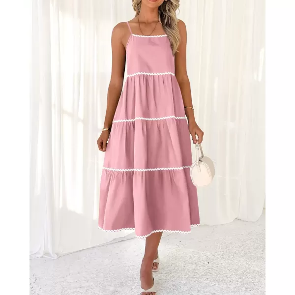 imageBTFBM Boho Summer Dresses 2024 Vacation Spaghetti Strap Backless RIC Rac Trim Tiered ALine Long Casual Swing SundressSolid Pink