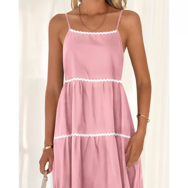 imageBTFBM Boho Summer Dresses 2024 Vacation Spaghetti Strap Backless RIC Rac Trim Tiered ALine Long Casual Swing SundressSolid Pink
