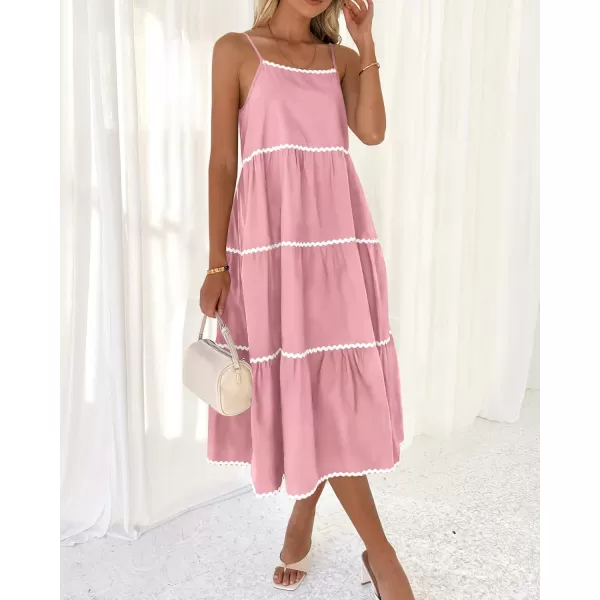 imageBTFBM Boho Summer Dresses 2024 Vacation Spaghetti Strap Backless RIC Rac Trim Tiered ALine Long Casual Swing SundressSolid Pink