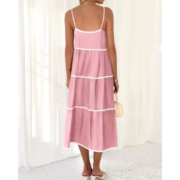 imageBTFBM Boho Summer Dresses 2024 Vacation Spaghetti Strap Backless RIC Rac Trim Tiered ALine Long Casual Swing SundressSolid Pink