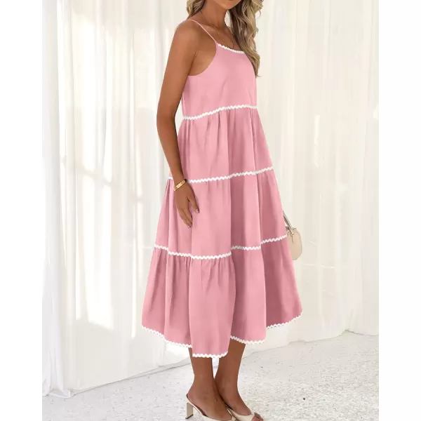 imageBTFBM Boho Summer Dresses 2024 Vacation Spaghetti Strap Backless RIC Rac Trim Tiered ALine Long Casual Swing SundressSolid Pink