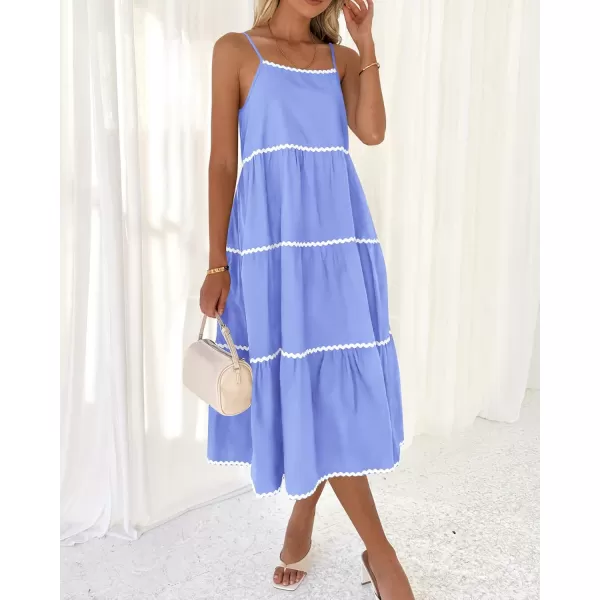 imageBTFBM Boho Summer Dresses 2024 Vacation Spaghetti Strap Backless RIC Rac Trim Tiered ALine Long Casual Swing SundressSolid Sky Blue