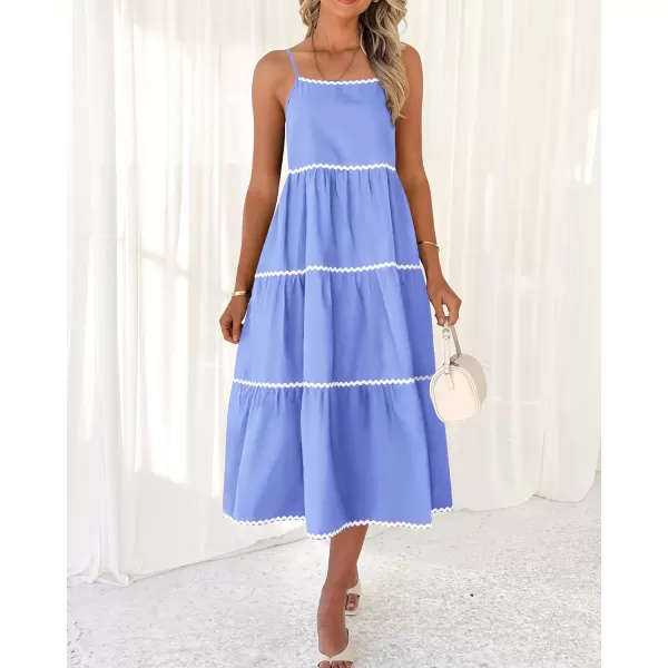 imageBTFBM Boho Summer Dresses 2024 Vacation Spaghetti Strap Backless RIC Rac Trim Tiered ALine Long Casual Swing SundressSolid Sky Blue