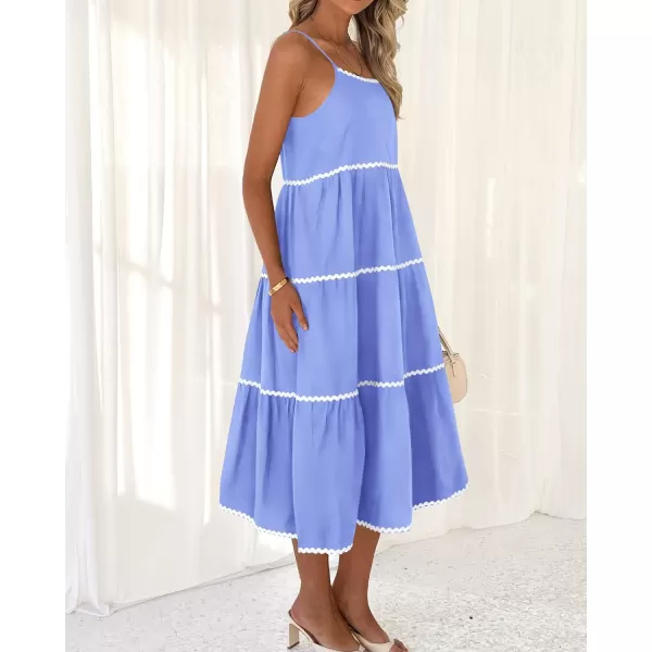 imageBTFBM Boho Summer Dresses 2024 Vacation Spaghetti Strap Backless RIC Rac Trim Tiered ALine Long Casual Swing SundressSolid Sky Blue