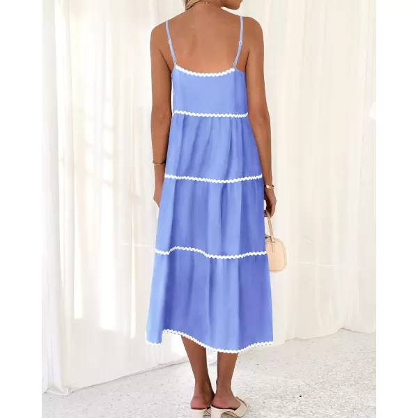 imageBTFBM Boho Summer Dresses 2024 Vacation Spaghetti Strap Backless RIC Rac Trim Tiered ALine Long Casual Swing SundressSolid Sky Blue