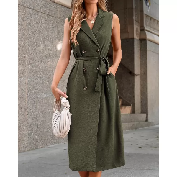 imageBTFBM Business Casual Dress 2024 Summer Work Office Lapel V Neck Slit Belted Sleeveless Button Down Dresses with PocketsSolid Army Green