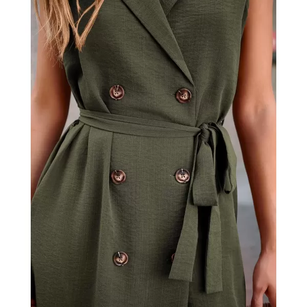 imageBTFBM Business Casual Dress 2024 Summer Work Office Lapel V Neck Slit Belted Sleeveless Button Down Dresses with PocketsSolid Army Green
