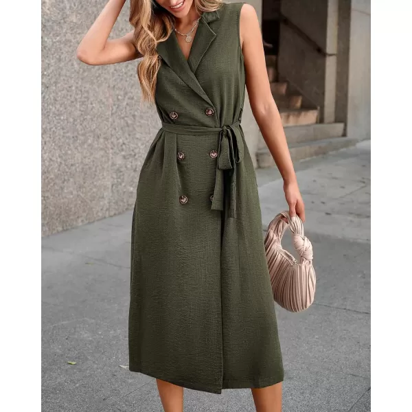 imageBTFBM Business Casual Dress 2024 Summer Work Office Lapel V Neck Slit Belted Sleeveless Button Down Dresses with PocketsSolid Army Green
