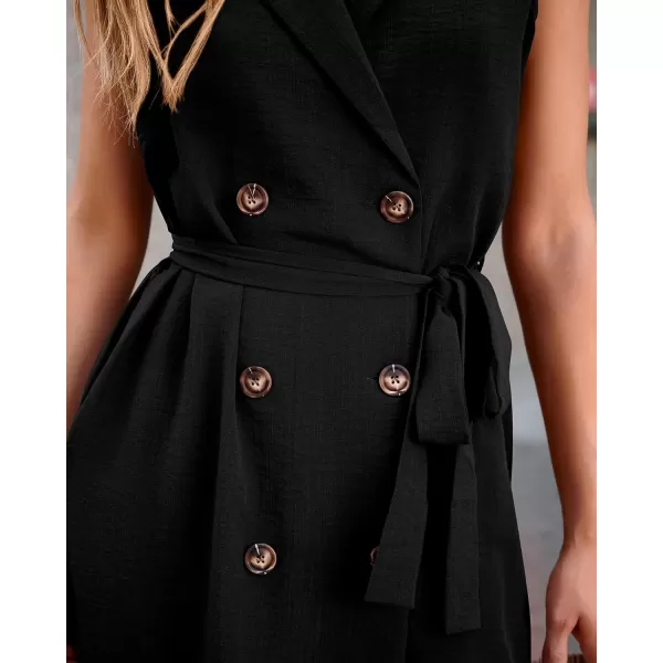 imageBTFBM Business Casual Dress 2024 Summer Work Office Lapel V Neck Slit Belted Sleeveless Button Down Dresses with PocketsSolid Black