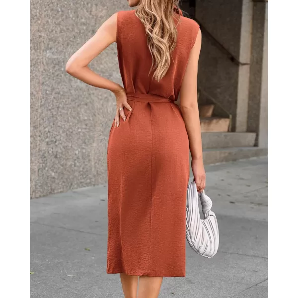 imageBTFBM Business Casual Dress 2024 Summer Work Office Lapel V Neck Slit Belted Sleeveless Button Down Dresses with PocketsSolid Brick Red