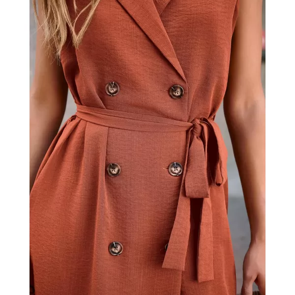imageBTFBM Business Casual Dress 2024 Summer Work Office Lapel V Neck Slit Belted Sleeveless Button Down Dresses with PocketsSolid Brick Red