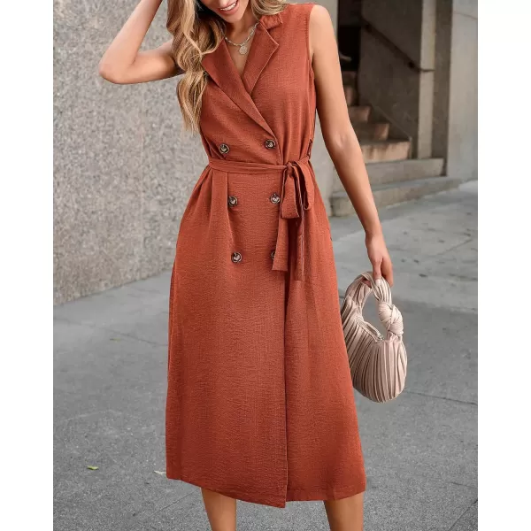 imageBTFBM Business Casual Dress 2024 Summer Work Office Lapel V Neck Slit Belted Sleeveless Button Down Dresses with PocketsSolid Brick Red