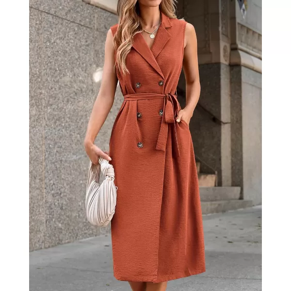 imageBTFBM Business Casual Dress 2024 Summer Work Office Lapel V Neck Slit Belted Sleeveless Button Down Dresses with PocketsSolid Brick Red