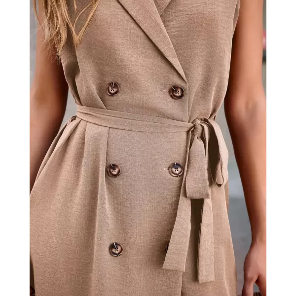 imageBTFBM Business Casual Dress 2024 Summer Work Office Lapel V Neck Slit Belted Sleeveless Button Down Dresses with PocketsSolid Khaki