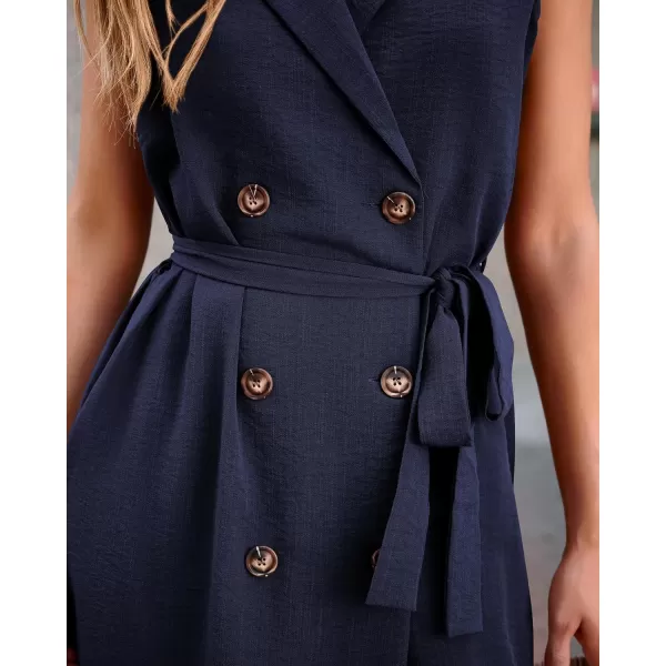 imageBTFBM Business Casual Dress 2024 Summer Work Office Lapel V Neck Slit Belted Sleeveless Button Down Dresses with PocketsSolid Navy