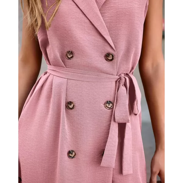 imageBTFBM Business Casual Dress 2024 Summer Work Office Lapel V Neck Slit Belted Sleeveless Button Down Dresses with PocketsSolid Pink