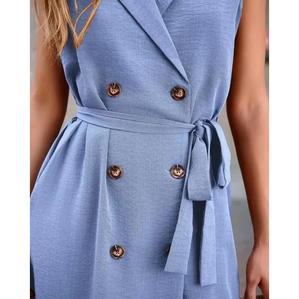 imageBTFBM Business Casual Dress 2024 Summer Work Office Lapel V Neck Slit Belted Sleeveless Button Down Dresses with PocketsSolid Sky Blue