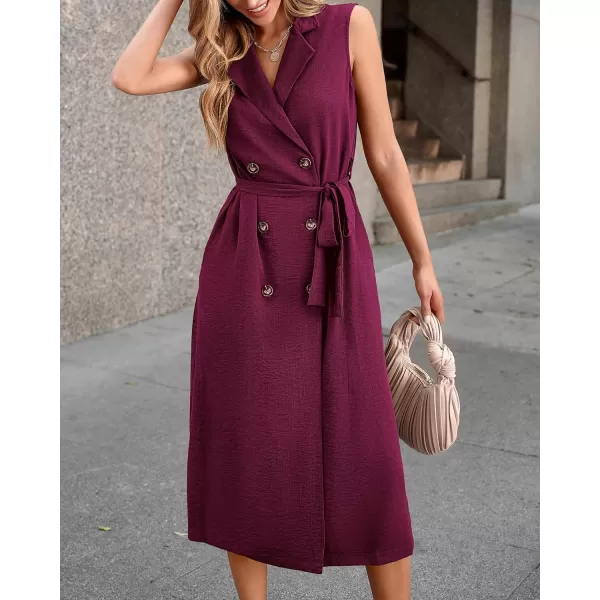 imageBTFBM Business Casual Dress 2024 Summer Work Office Lapel V Neck Slit Belted Sleeveless Button Down Dresses with PocketsSolid Wine Red