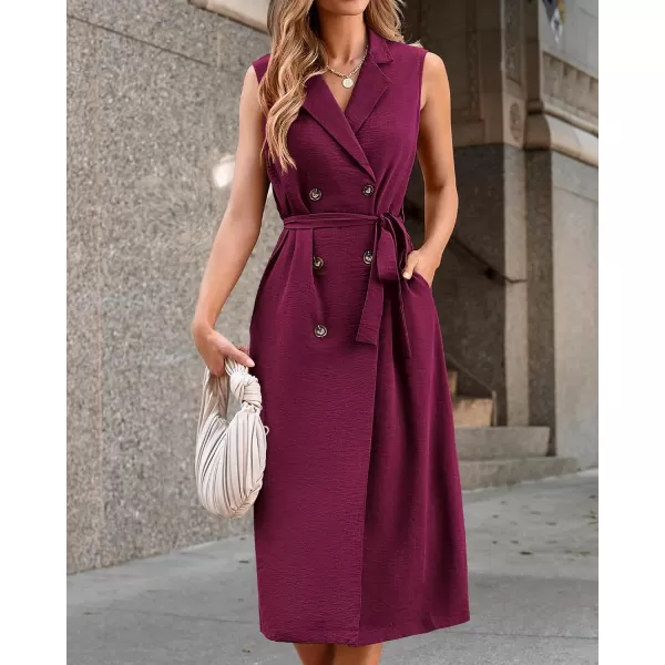 imageBTFBM Business Casual Dress 2024 Summer Work Office Lapel V Neck Slit Belted Sleeveless Button Down Dresses with PocketsSolid Wine Red