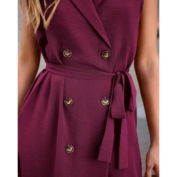 imageBTFBM Business Casual Dress 2024 Summer Work Office Lapel V Neck Slit Belted Sleeveless Button Down Dresses with PocketsSolid Wine Red