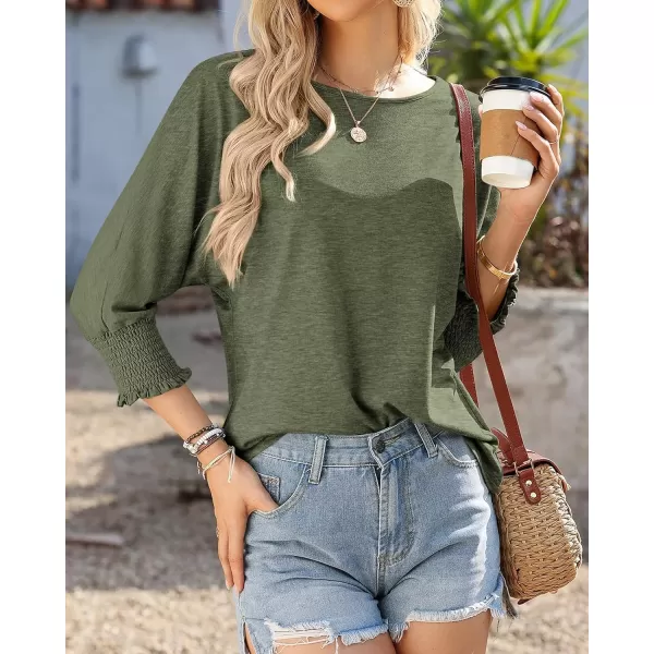 imageBTFBM Casual Tops for Women Dressy Summer Spring T Shirts 34 Puff Sleeve Crewneck Loose Babydoll BlousesSolid Army Green