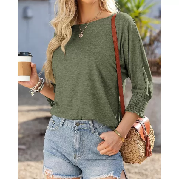 imageBTFBM Casual Tops for Women Dressy Summer Spring T Shirts 34 Puff Sleeve Crewneck Loose Babydoll BlousesSolid Army Green