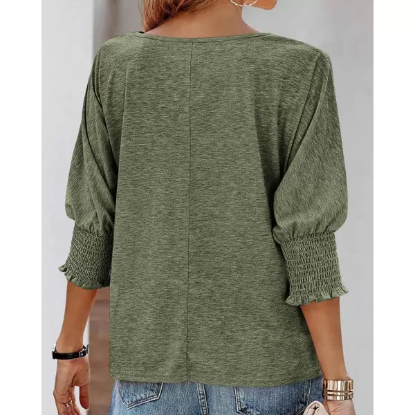 imageBTFBM Casual Tops for Women Dressy Summer Spring T Shirts 34 Puff Sleeve Crewneck Loose Babydoll BlousesSolid Army Green
