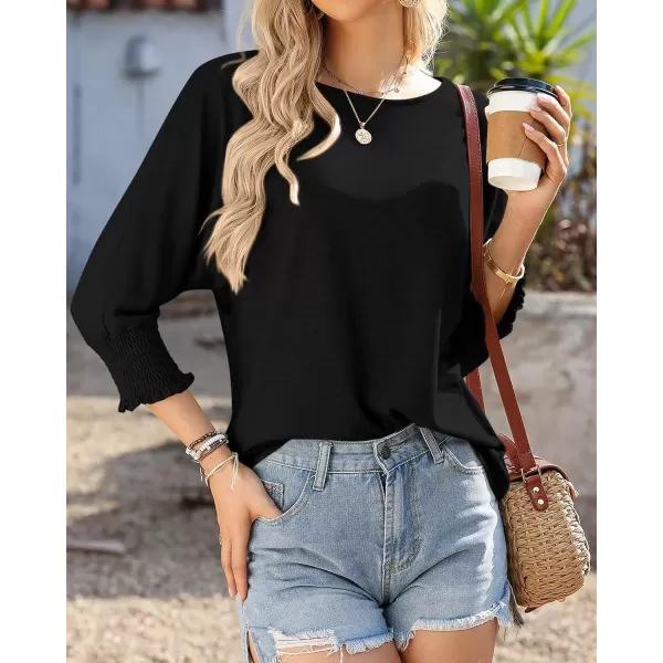 imageBTFBM Casual Tops for Women Dressy Summer Spring T Shirts 34 Puff Sleeve Crewneck Loose Babydoll BlousesSolid Black