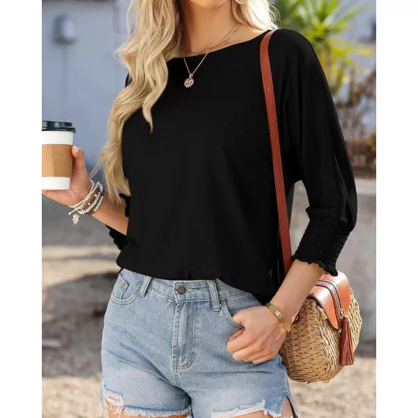 imageBTFBM Casual Tops for Women Dressy Summer Spring T Shirts 34 Puff Sleeve Crewneck Loose Babydoll BlousesSolid Black