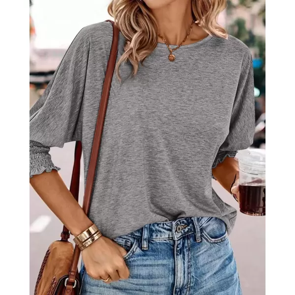 imageBTFBM Casual Tops for Women Dressy Summer Spring T Shirts 34 Puff Sleeve Crewneck Loose Babydoll BlousesSolid Grey