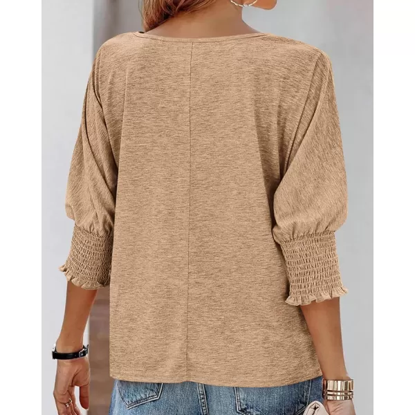 imageBTFBM Casual Tops for Women Dressy Summer Spring T Shirts 34 Puff Sleeve Crewneck Loose Babydoll BlousesSolid Khaki