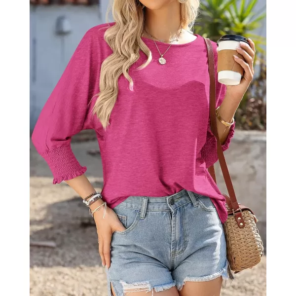 imageBTFBM Casual Tops for Women Dressy Summer Spring T Shirts 34 Puff Sleeve Crewneck Loose Babydoll BlousesSolid Rose Red
