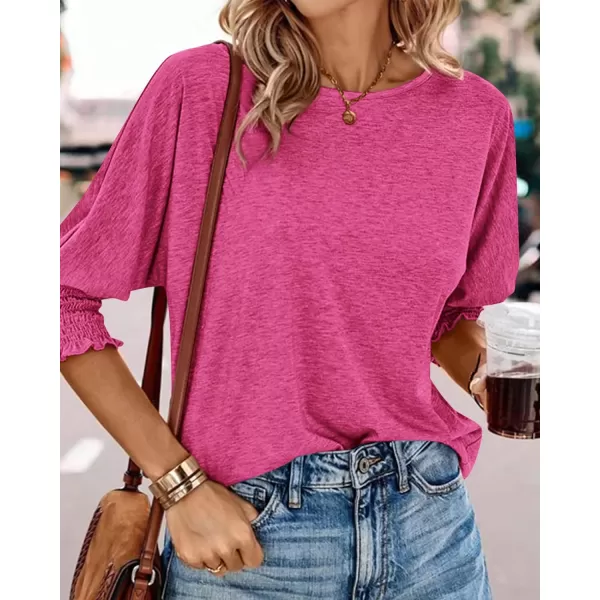 imageBTFBM Casual Tops for Women Dressy Summer Spring T Shirts 34 Puff Sleeve Crewneck Loose Babydoll BlousesSolid Rose Red