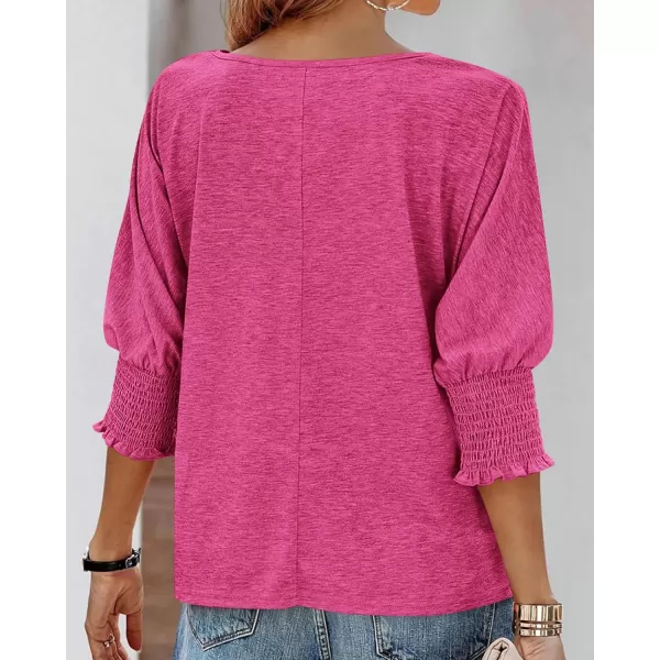 imageBTFBM Casual Tops for Women Dressy Summer Spring T Shirts 34 Puff Sleeve Crewneck Loose Babydoll BlousesSolid Rose Red