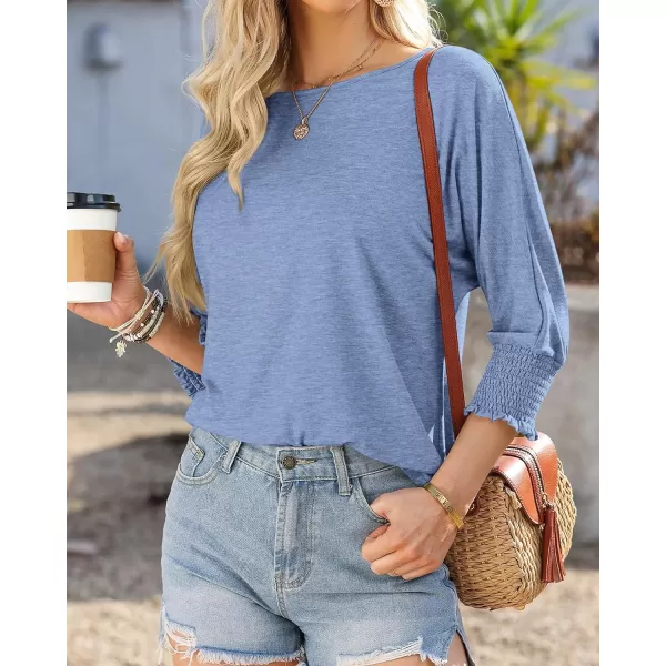 imageBTFBM Casual Tops for Women Dressy Summer Spring T Shirts 34 Puff Sleeve Crewneck Loose Babydoll BlousesSolid Sky Blue