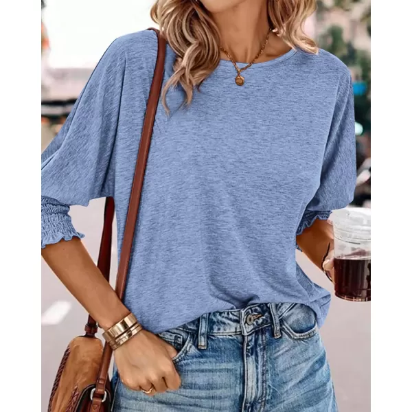imageBTFBM Casual Tops for Women Dressy Summer Spring T Shirts 34 Puff Sleeve Crewneck Loose Babydoll BlousesSolid Sky Blue