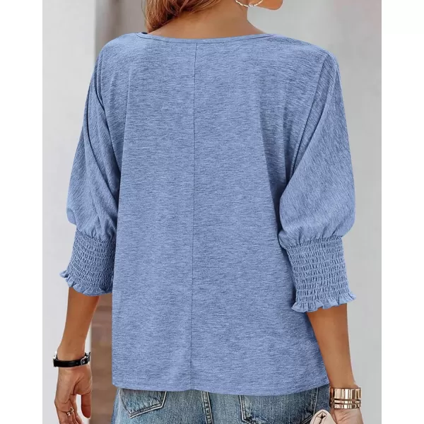 imageBTFBM Casual Tops for Women Dressy Summer Spring T Shirts 34 Puff Sleeve Crewneck Loose Babydoll BlousesSolid Sky Blue