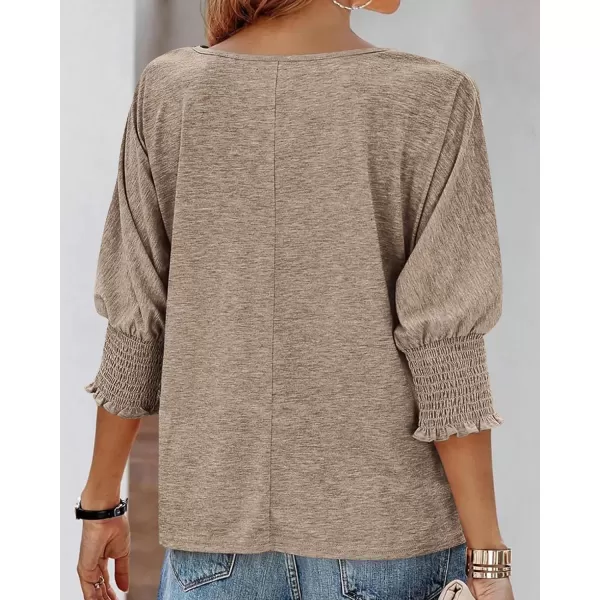 imageBTFBM Casual Tops for Women Dressy Summer Spring T Shirts 34 Puff Sleeve Crewneck Loose Babydoll BlousesSolid Taupe