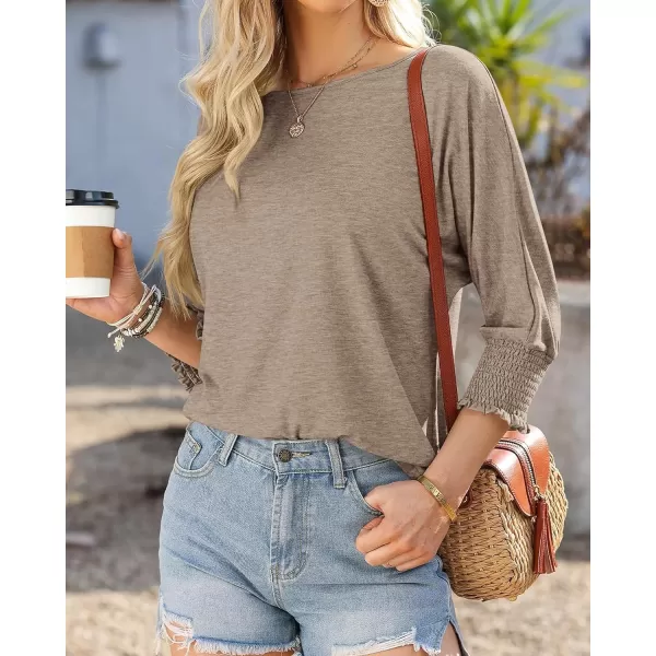 imageBTFBM Casual Tops for Women Dressy Summer Spring T Shirts 34 Puff Sleeve Crewneck Loose Babydoll BlousesSolid Taupe