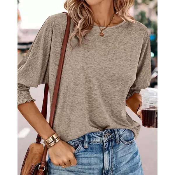 imageBTFBM Casual Tops for Women Dressy Summer Spring T Shirts 34 Puff Sleeve Crewneck Loose Babydoll BlousesSolid Taupe